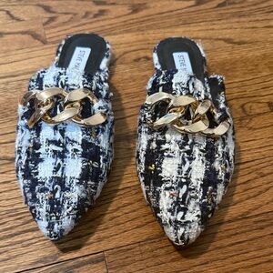 Steve Madden Navy and White Tweed Mules with Gold Chain